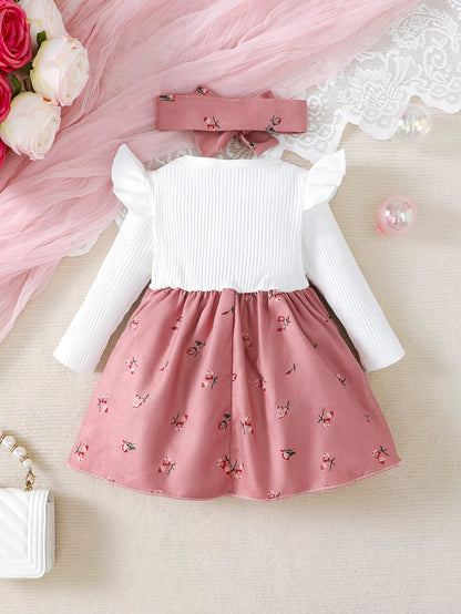 2Pc/Set Childrens' Baby Girl Dress Color Blocking Broken Flowers Big Bow Princess Dress+Headband 0-24 Months Baby Fashion Dress