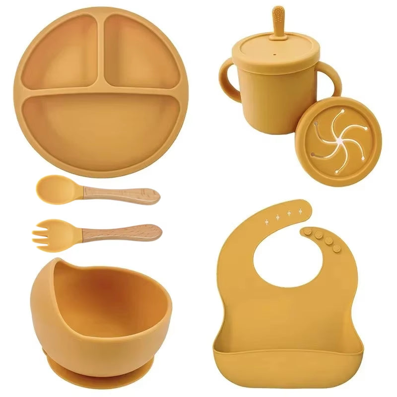 BPA Free Silicone Baby Feeding Set Sucker Bowl Dinning Plate Straw Cup Spoon Forks for Kids Baby Tableware Children Dishes