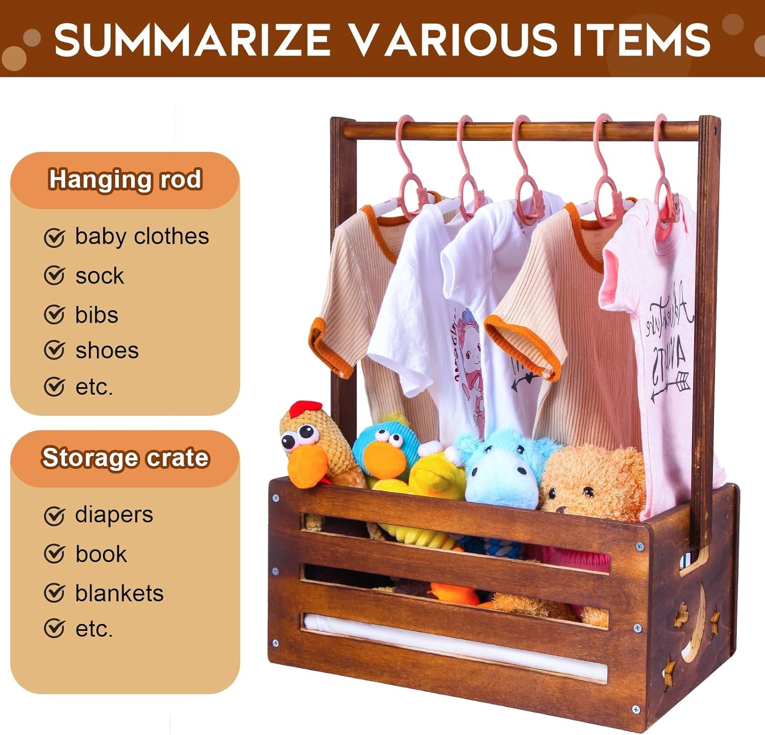 Wooden Baby Shower Crate Closet, Gifts Basket for Baby Shower Gifts, Baby Storage Crate Hamper with Handle, Welcome Gift Basket for Newborn Boys Girls, Pregnancy Gifts for New Parents (Retro-Large)