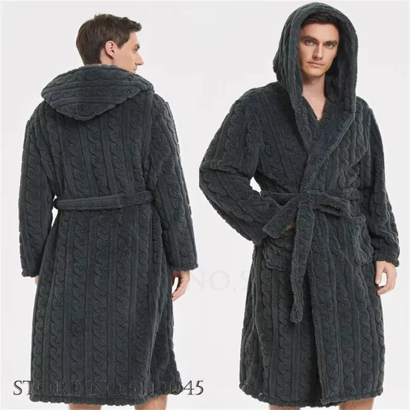 Warm Sleepwear Thicken Jacquard Flannel Men Robe Plush Coral Fleece Hooded Bathrobe Gown Winter Lounge Wear Home Wear Nightwear