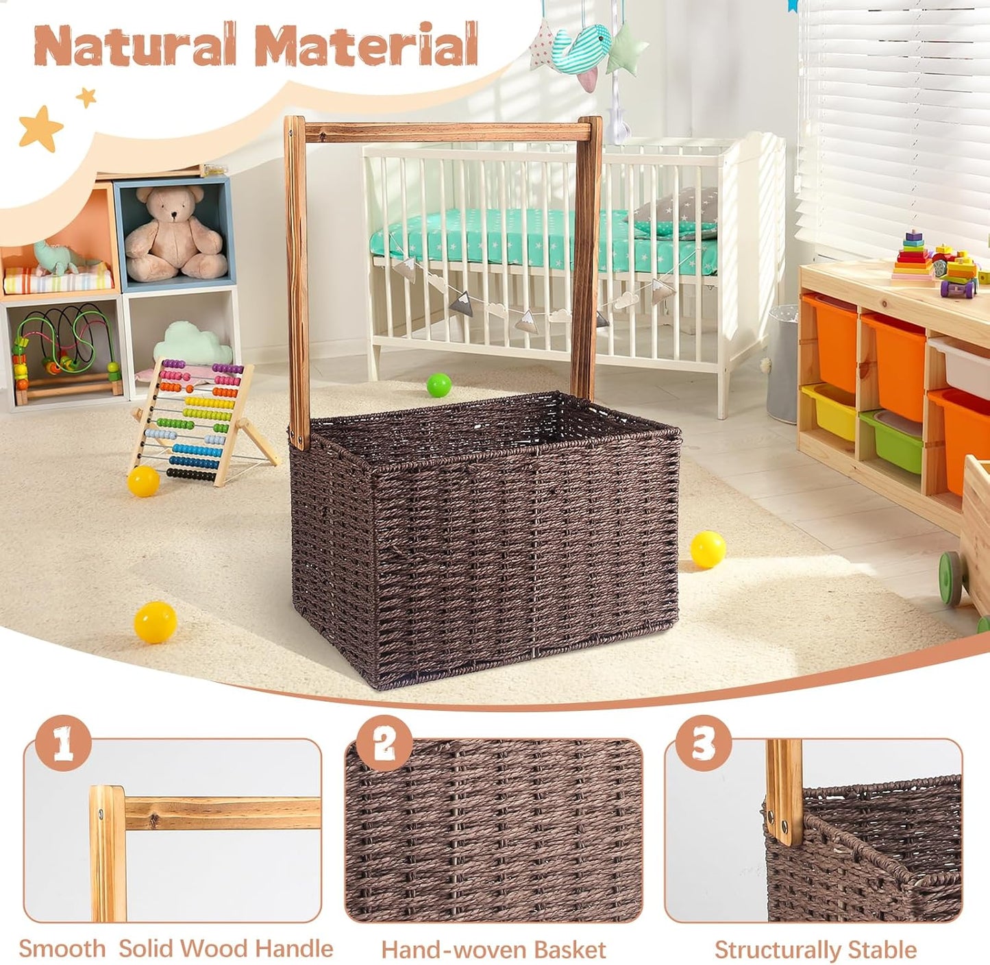 Wooden Baby Shower Crate Closet, Foldable Handwoven Storage Basket with Handle for Shower Gifts