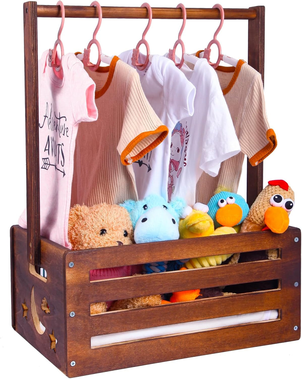 Wooden Baby Shower Crate Closet, Gifts Basket for Baby Shower Gifts, Baby Storage Crate Hamper with Handle, Welcome Gift Basket for Newborn Boys Girls, Pregnancy Gifts for New Parents (Retro-Large)