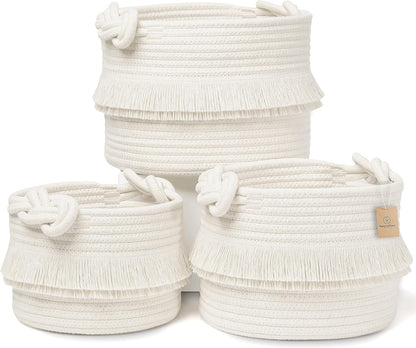 3-Piece Boho Decor Storage Basket Set – Cotton Rope Woven Baskets for Organizing! Small Basket for Baby Stuff, Baby Shower Basket Gift, Nursery Baby Basket, Planter, Toy Basket, Shelves