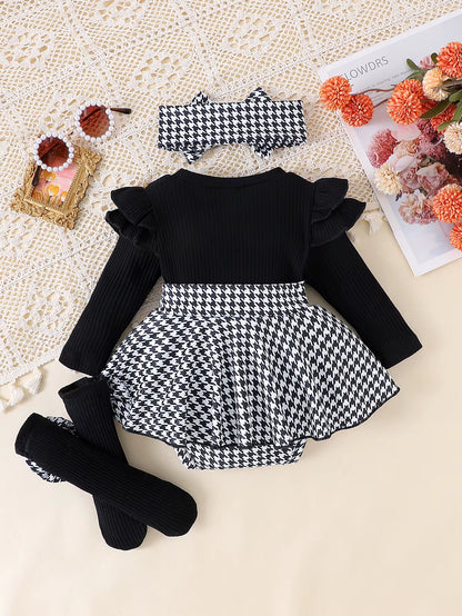 2PCS in Autumn, Baby Girls Aged 0-1 Years Old Have Comfortable Sweet and Cute Black Top + Houndstooth Skirt + Hair Band