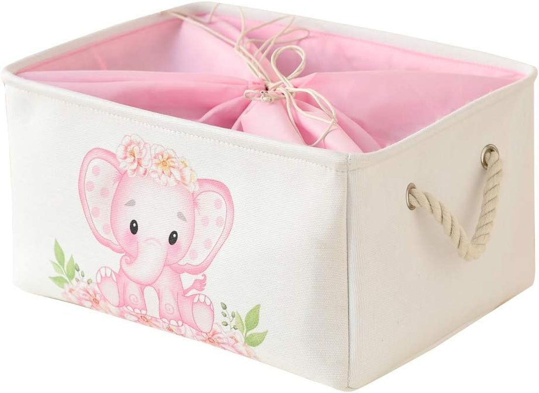 Baby Girl Gifts Pink Basket, Elephant Storage Bins for Kids, Large Baby Gift Baskets Empty, Collapsible Dormitory Storage Basket for Books Clothes,Fabric Toy Basket for Kids/Nursery Room