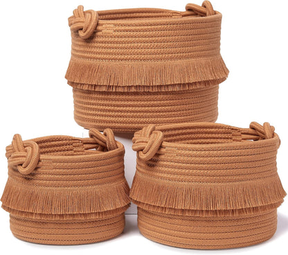 3-Piece Boho Decor Storage Basket Set – Cotton Rope Woven Baskets for Organizing! Small Basket for Baby Stuff, Baby Shower Basket Gift, Nursery Baby Basket, Planter, Toy Basket, Shelves