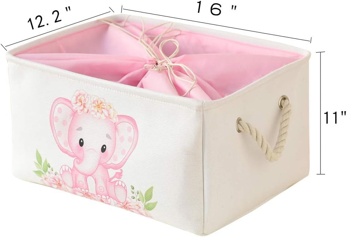 Baby Girl Gifts Pink Basket, Elephant Storage Bins for Kids, Large Baby Gift Baskets Empty, Collapsible Dormitory Storage Basket for Books Clothes,Fabric Toy Basket for Kids/Nursery Room