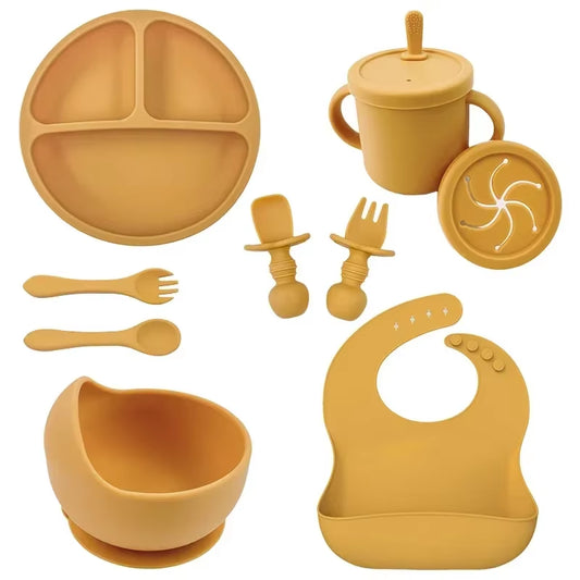 BPA Free Silicone Baby Feeding Set Sucker Bowl Dinning Plate Straw Cup Spoon Forks for Kids Baby Tableware Children Dishes